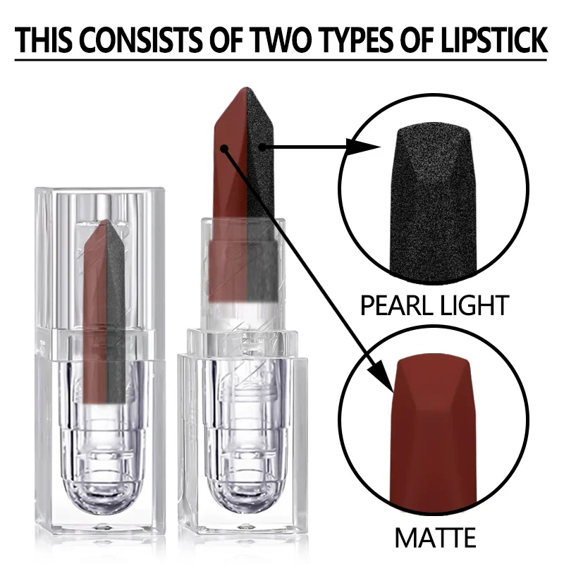 Two-tone Lipstick 2IN1 Pearl Matte Lasting Waterproof Polarized Mist Dark Black Red Lip Paste Romantic Holiday Gift