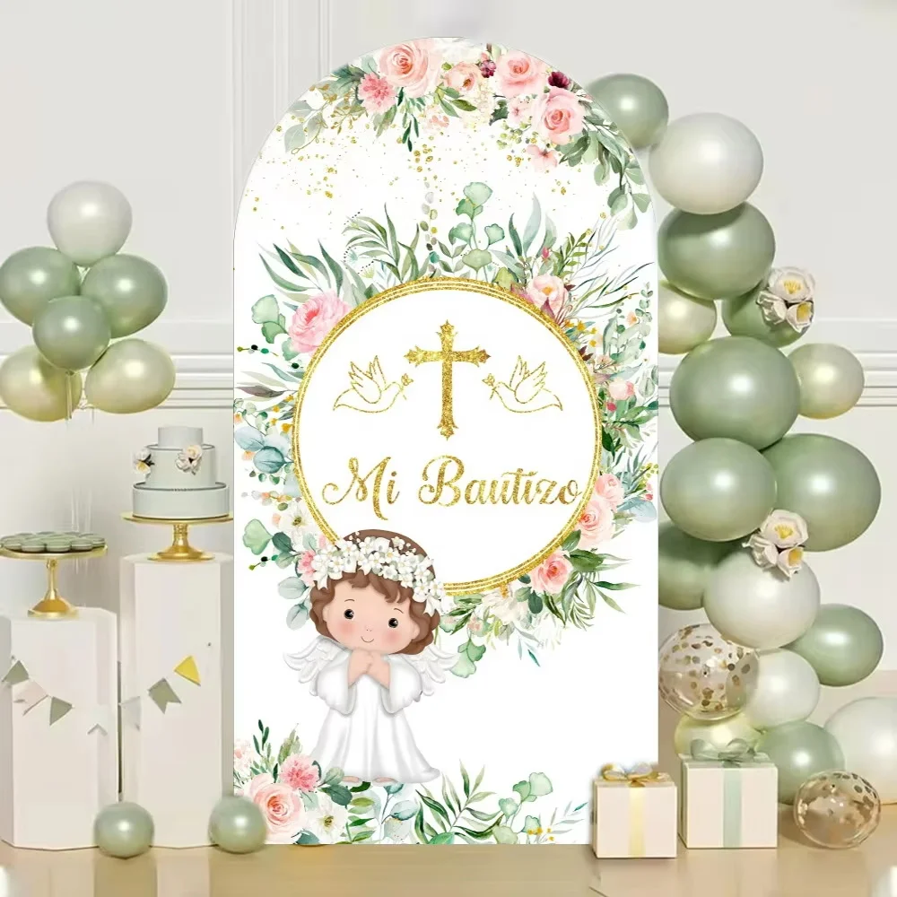 First Communion Arch Backdrop Cover Flowers God Bless Holy Cross Dove Girl Boy Baptism Baby Shower Decor Arched Background Props view 5