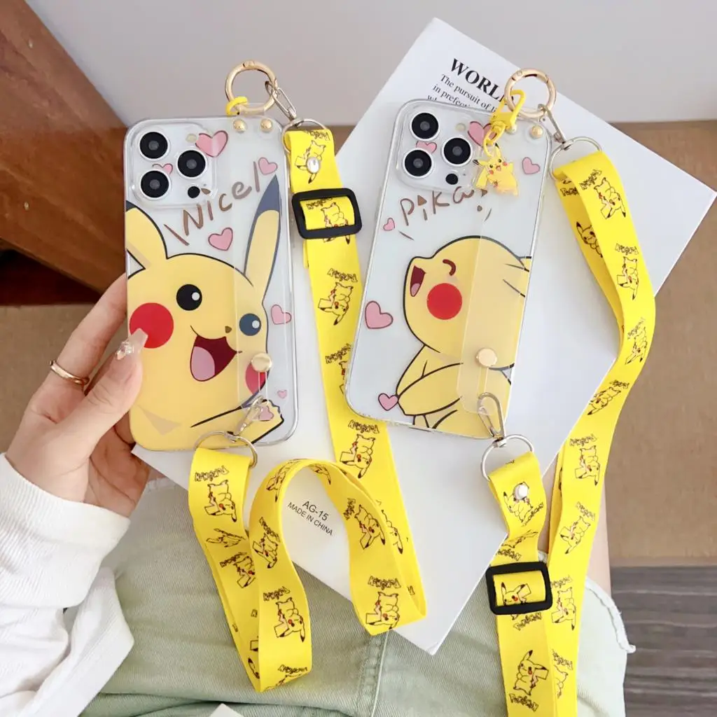 For iPhone 15 14 13 12 11 Pro Xs Max Xs XR 7 8 6 Plus SE 2020 Pikachu Case Wrist Strap Ornament