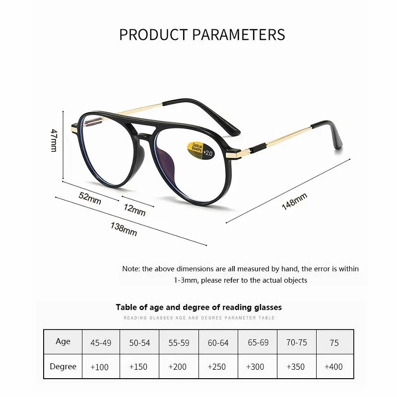 MYT_0516 Transparent Frame Reading Glasses Anti Blue Light Aviation Presbyopic Glasses Polit Eyeglasses Vision Care +1.00~+4.00