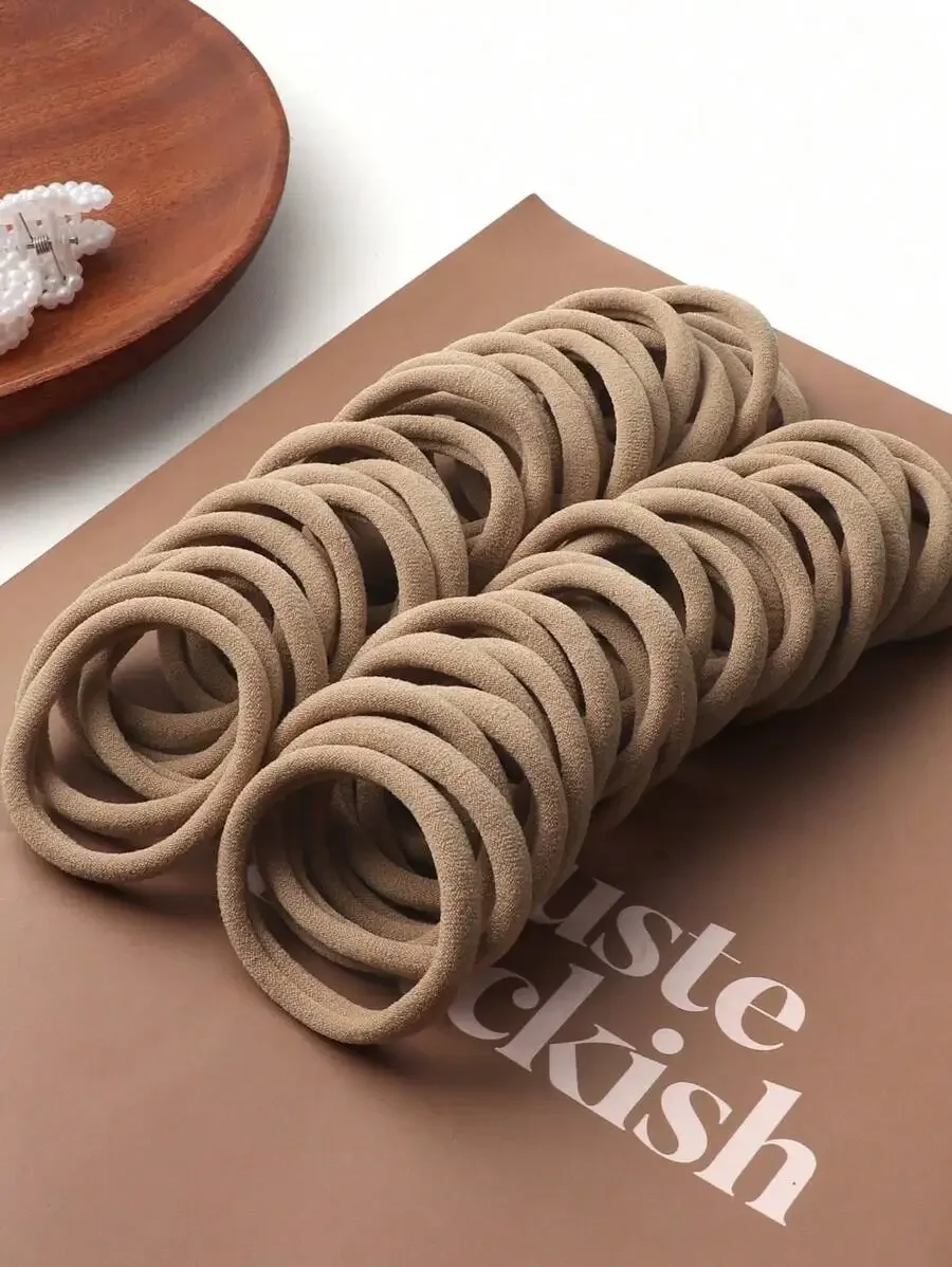 

50/100 Pcs Khaki High Elasticity Hair Ties For Women, Simple Plain Elastic Hair Bands Scrunchies