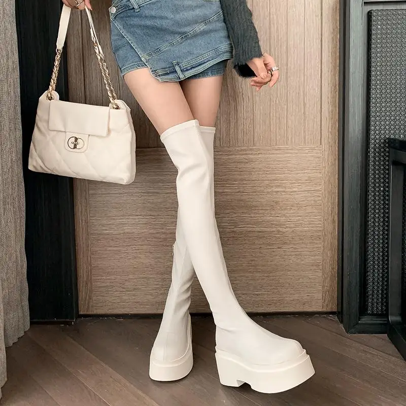 Krazing Pot Microfiber Round Toe Thick High Heels Platform Boots Winter Zipper Warm Elastic Waterproof Ins Over-the-knee Boots