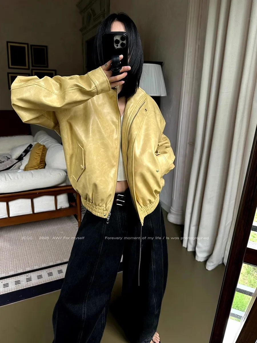 Yellow PU Leather Jacket Women Oversized Zipper Streetwear