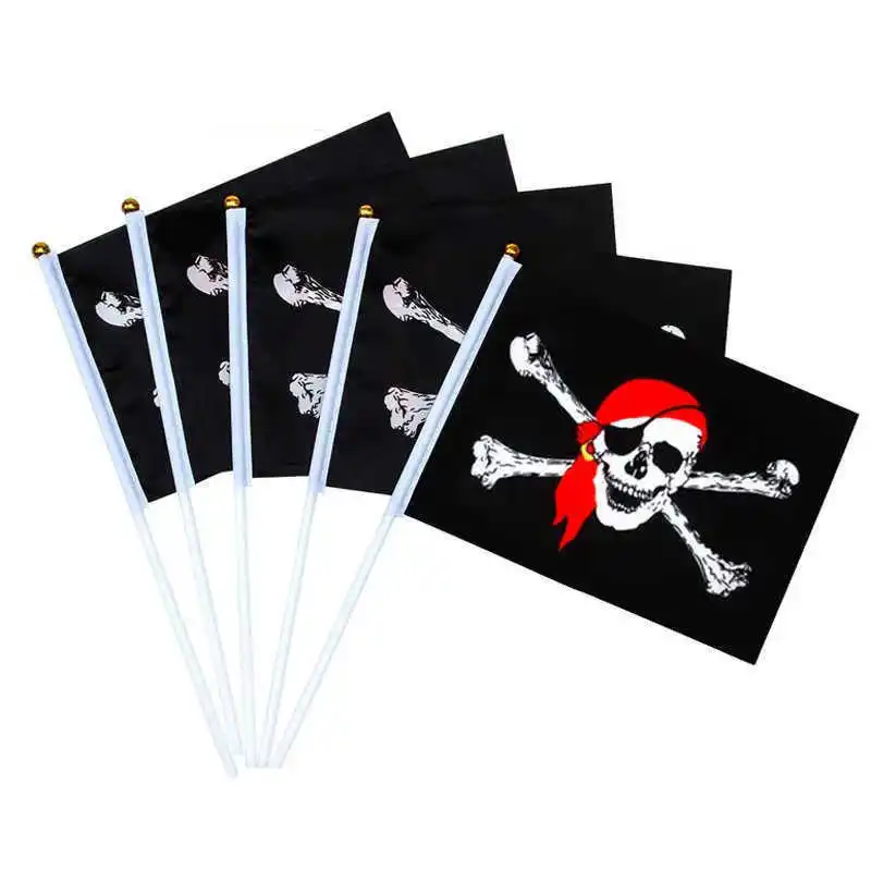 10PCS/LOT Handheld Pirate Flag Small Stick Blackjack Jolly Roger 14x21cm Skull and Crossed Bones Black Flags With Flagpoles