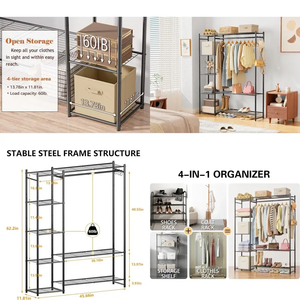 

4-уровневый напольный органайзер для гардероба с перекладиной для одежды, портативная вешалка для хранения вещей в доме, черный цвет