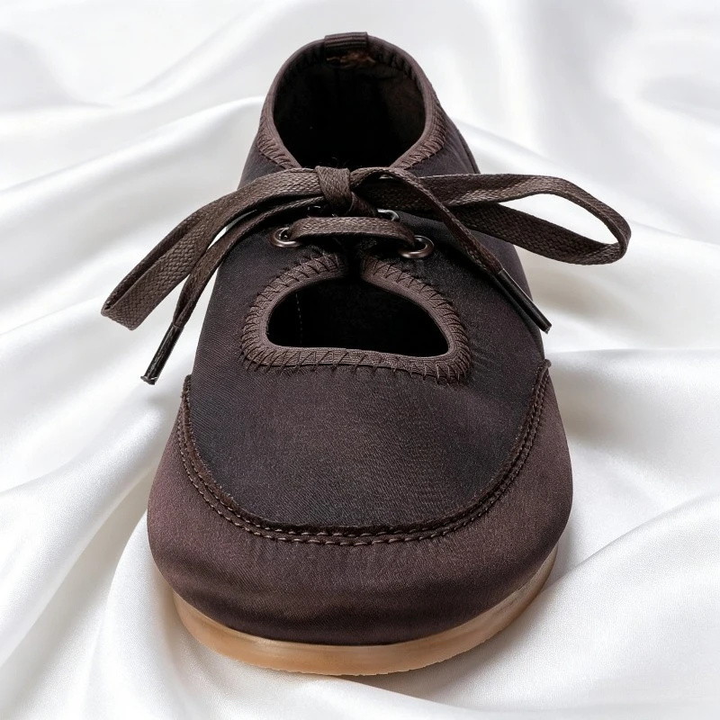 New Designer Lace Up Flat Shoes Women Satin Shallow Comfort Soft Sole Casual Shoes Female Round Toe Sports Ballet Flats Women image 2