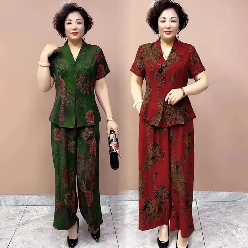 

Retro Ladies Printed Pearl Satin Wide Leg Two-piece Suit Summer Women Fashion Casual Outfit Femme Large Size 5XL Tops Pants 2PCS