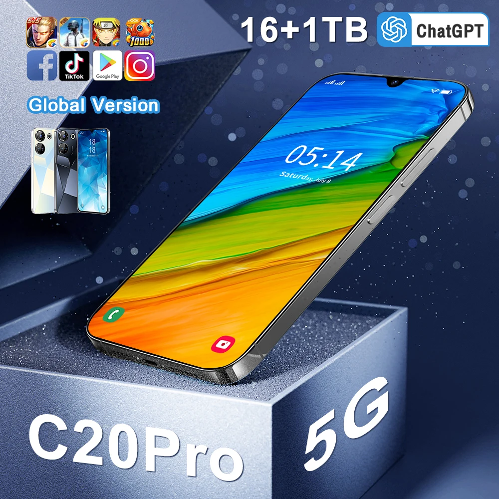 New C20 Pro Global Gaming Phone 6.8'' HD+ Android 13 16GB+1TB 8000mAh Face unlock Fingerprint unlocking Edition 5G mobile phones