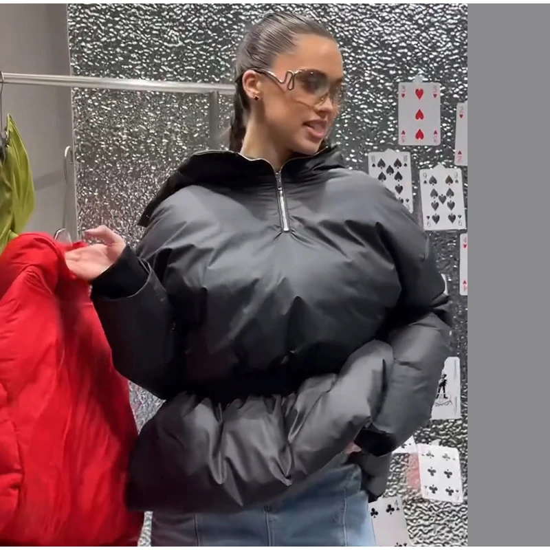 Glossy Stand‑Collar Drawstring Waist Back Zip‑Up Puffer Coat 2026 Winter Women Warm Padded Jacket Trendy Lady Cotton‑Padded Coat