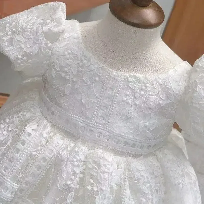 Baby Girl 1st Birthday Party Dress Puff Sleeve Toddler Girls Princess Dresses with Bow Kids Ball Growns White Wedding Dress