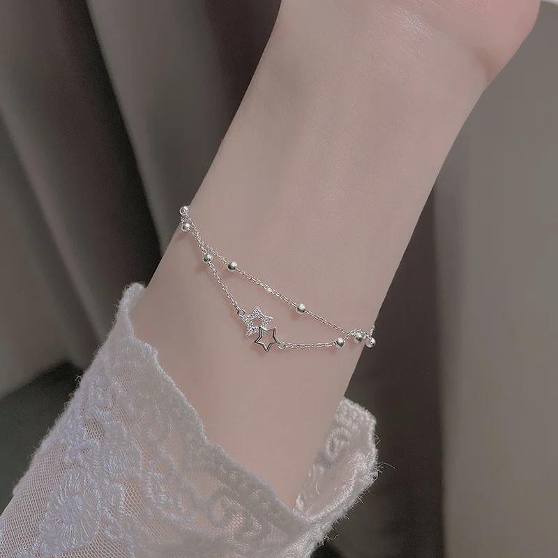 New Delicate Sweet 925 Sterling Silver Double-layer Round Bead Double Five-pointed Star Bracelet for Women Korean Summer Jewelry