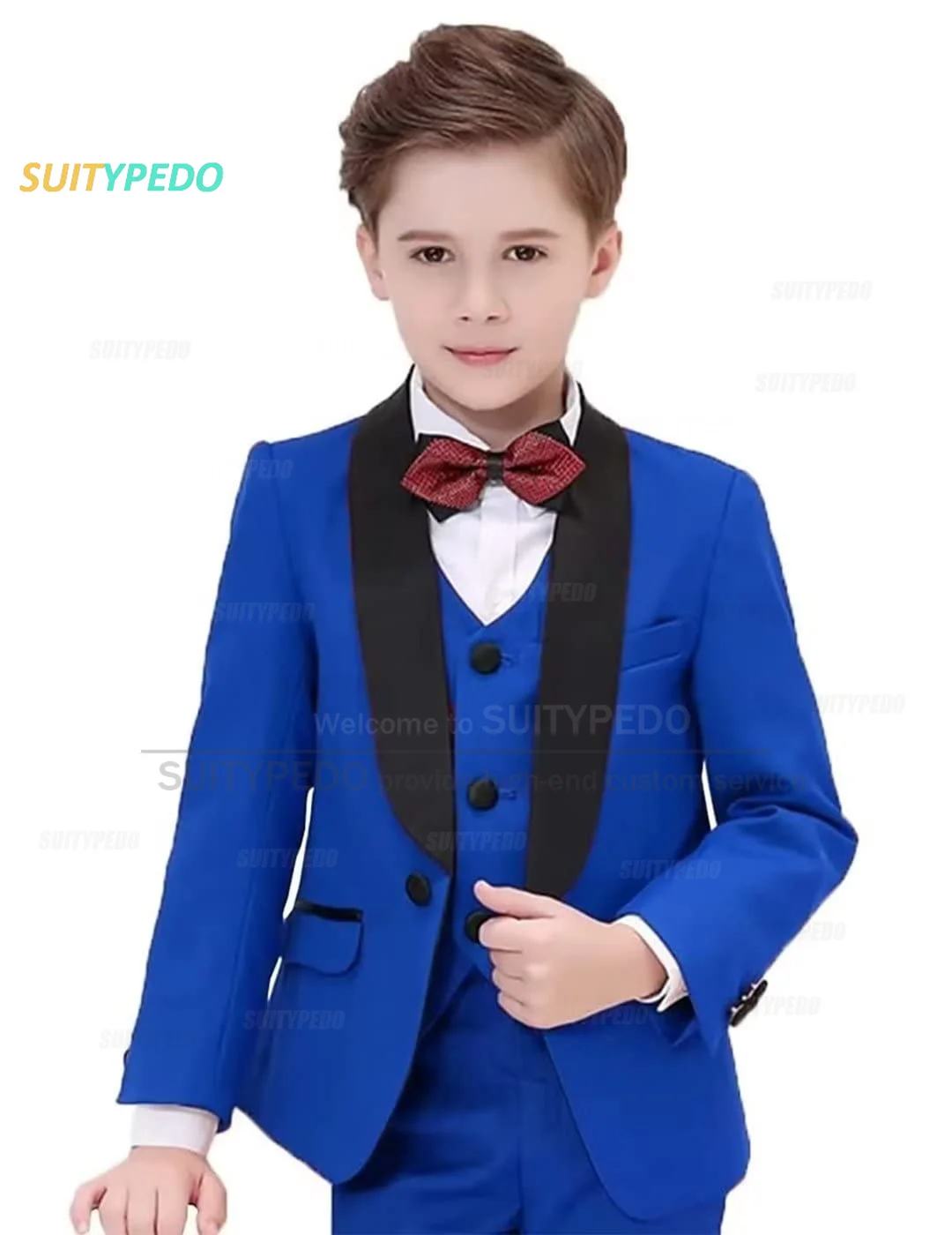 

Boys Royal Blue Outfit Blazer Vest Pants 3 Pieces Set Children Wedding Prom Suit Teenager Party Shawl Collar Fashion Costume