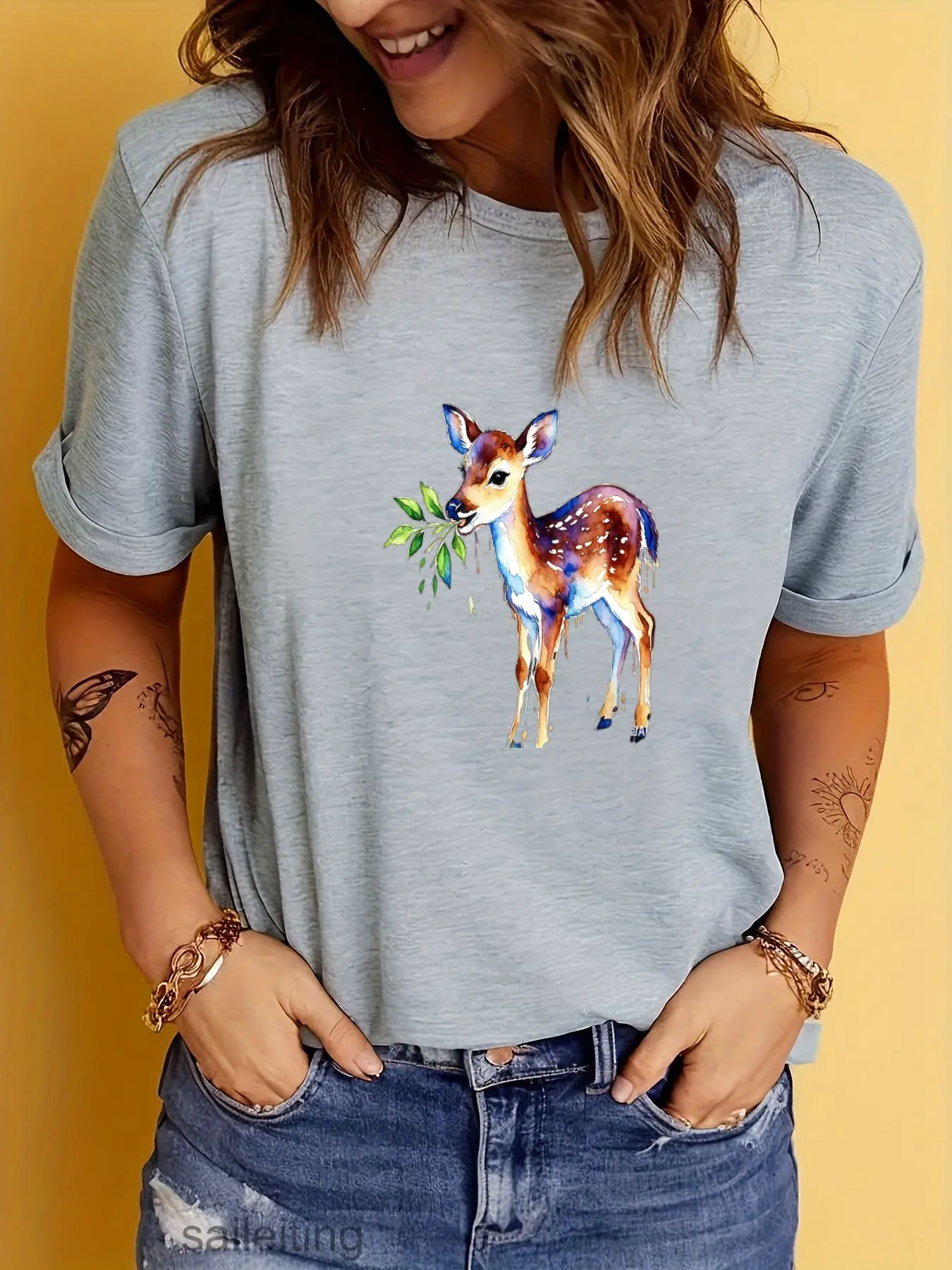 Watercolor Deer T-Shirt Women Men Summer Short Sleeve Tee Soft Breathable Casual Top with Brown Tan Fawn Holding Leaves for G