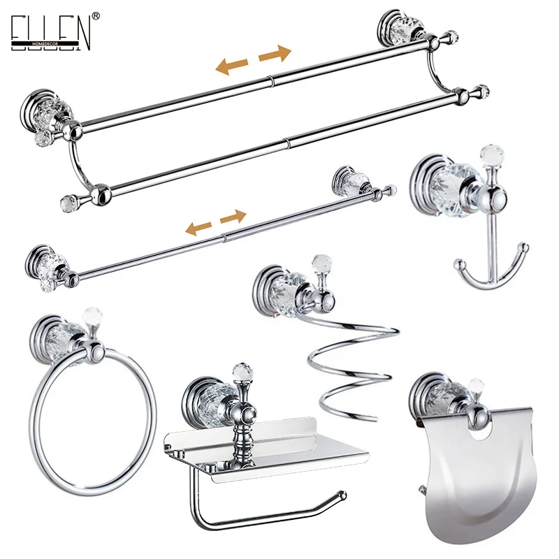 Bathroom Hardware Set Crystal Bath Towel Shelf Toilet Paper Holder Sliver Chrome Towel Bar Toilet Brush Holder Robe Hook EL8130