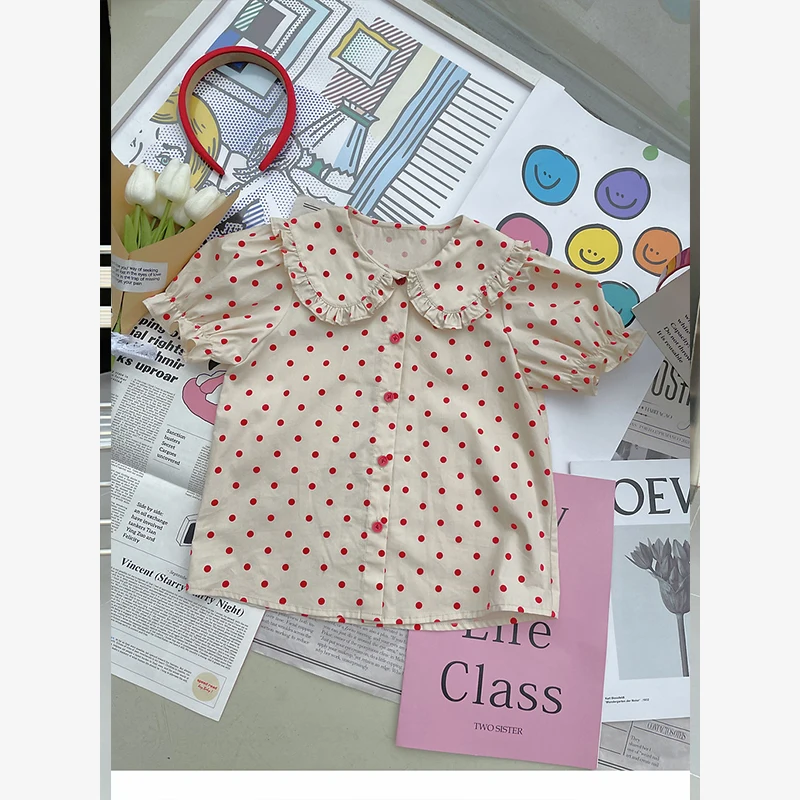 

Korean Children's 2023 Fashion Summer Tops Bubble Sleeve Dots Luxury Girls Shirt For Cotton Casual Clothes From 3 To 8 Years