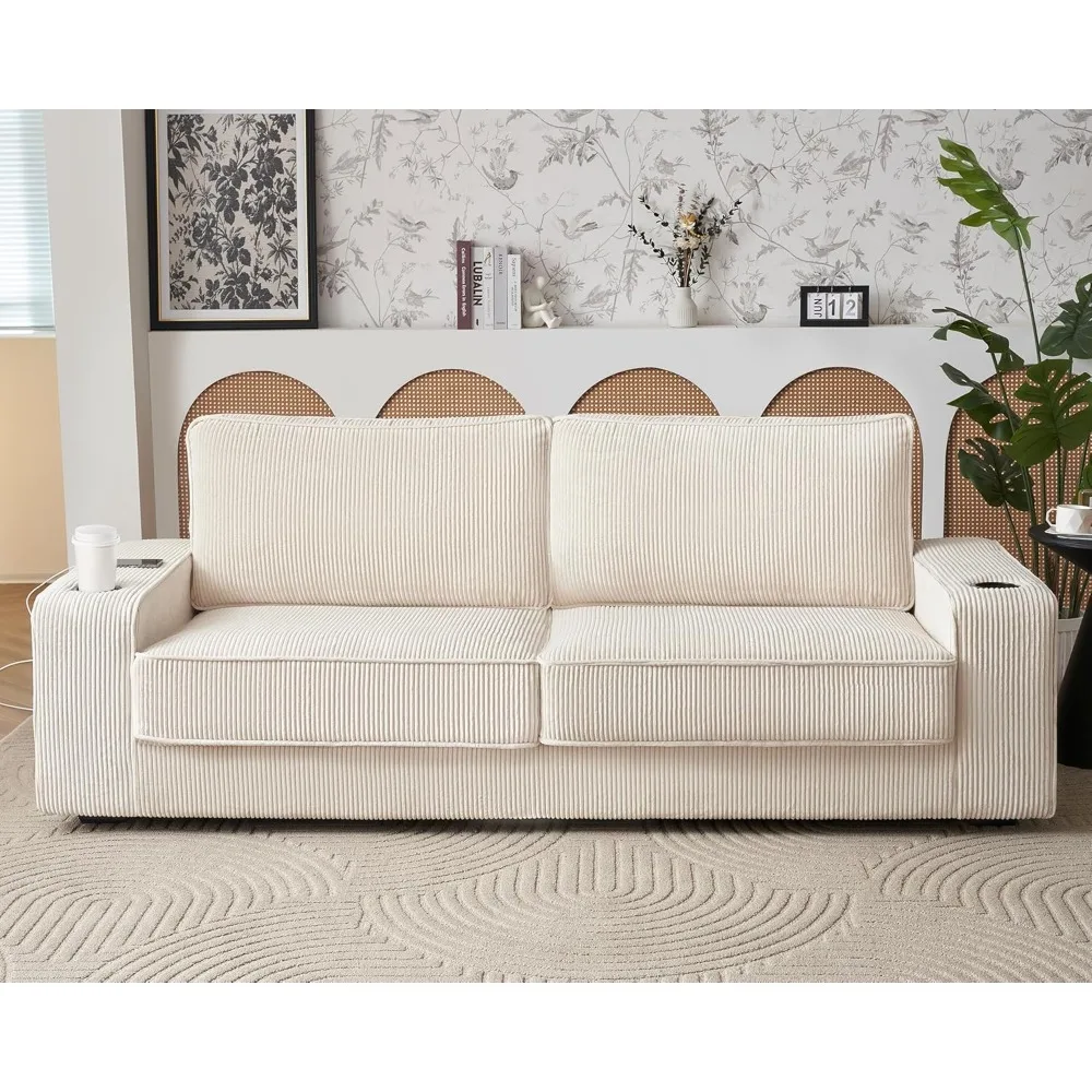 Comfy Sofa, 89 inch Sofa- 3 Seater Couch with USB Charging Ports & Cup Holders, Deep Seat Sofa Couch for Living Room, Beige