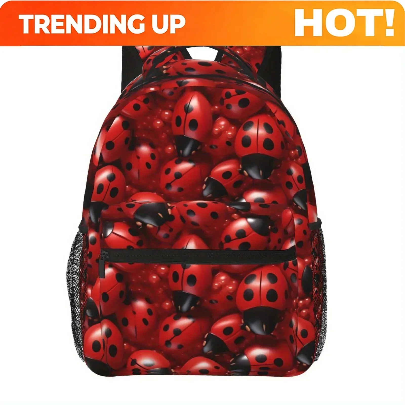Custom Bag 1pc Fashion Ladybug Theme Half Full Print Large Capacity Double Mesh Pocket Backpack, Lightweight And Durable 14.5 In