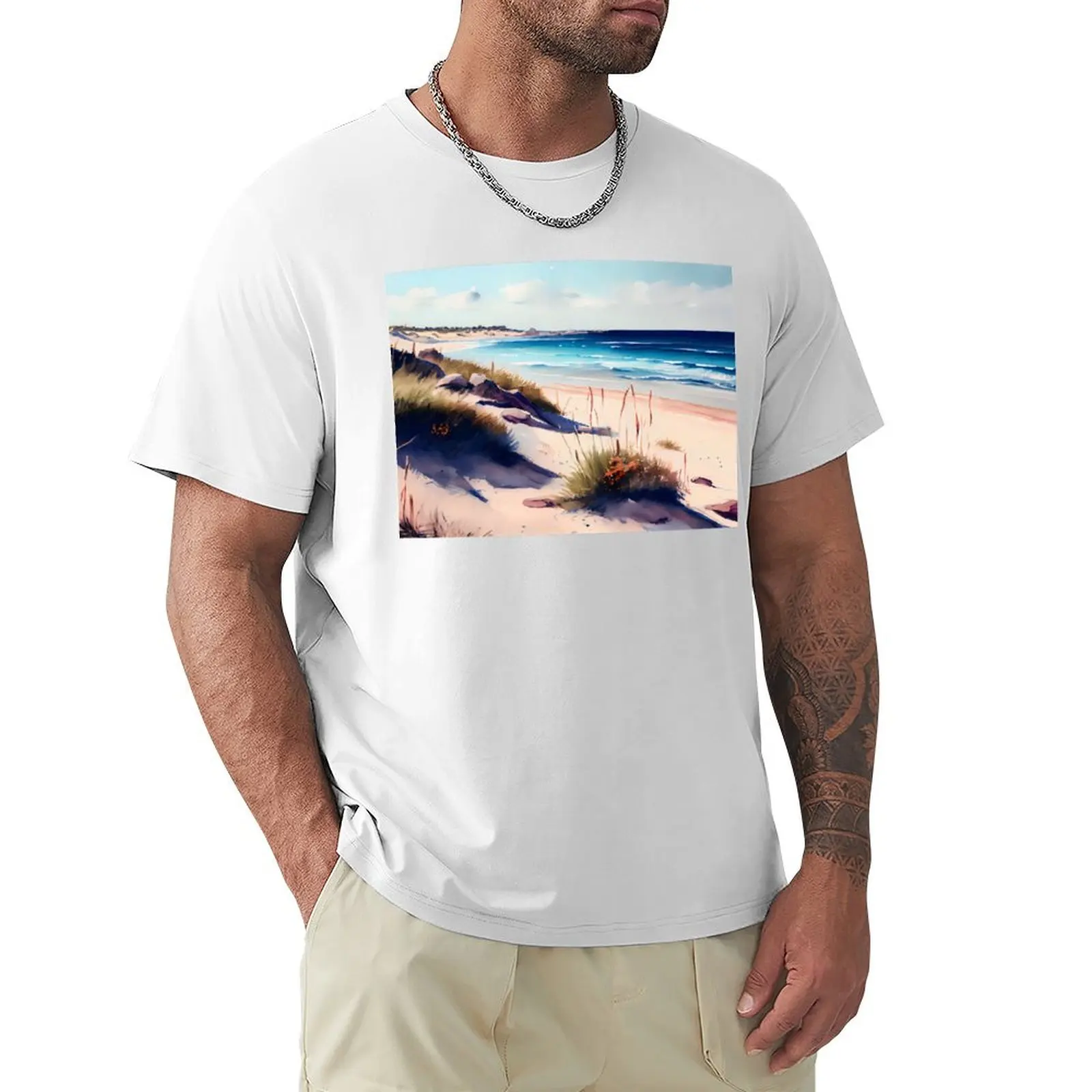 Summer Beach Calm Seas Shoreline Watercolor Clouds T-Shirt for a boy sweat hippie clothes vintage clothes men clothing