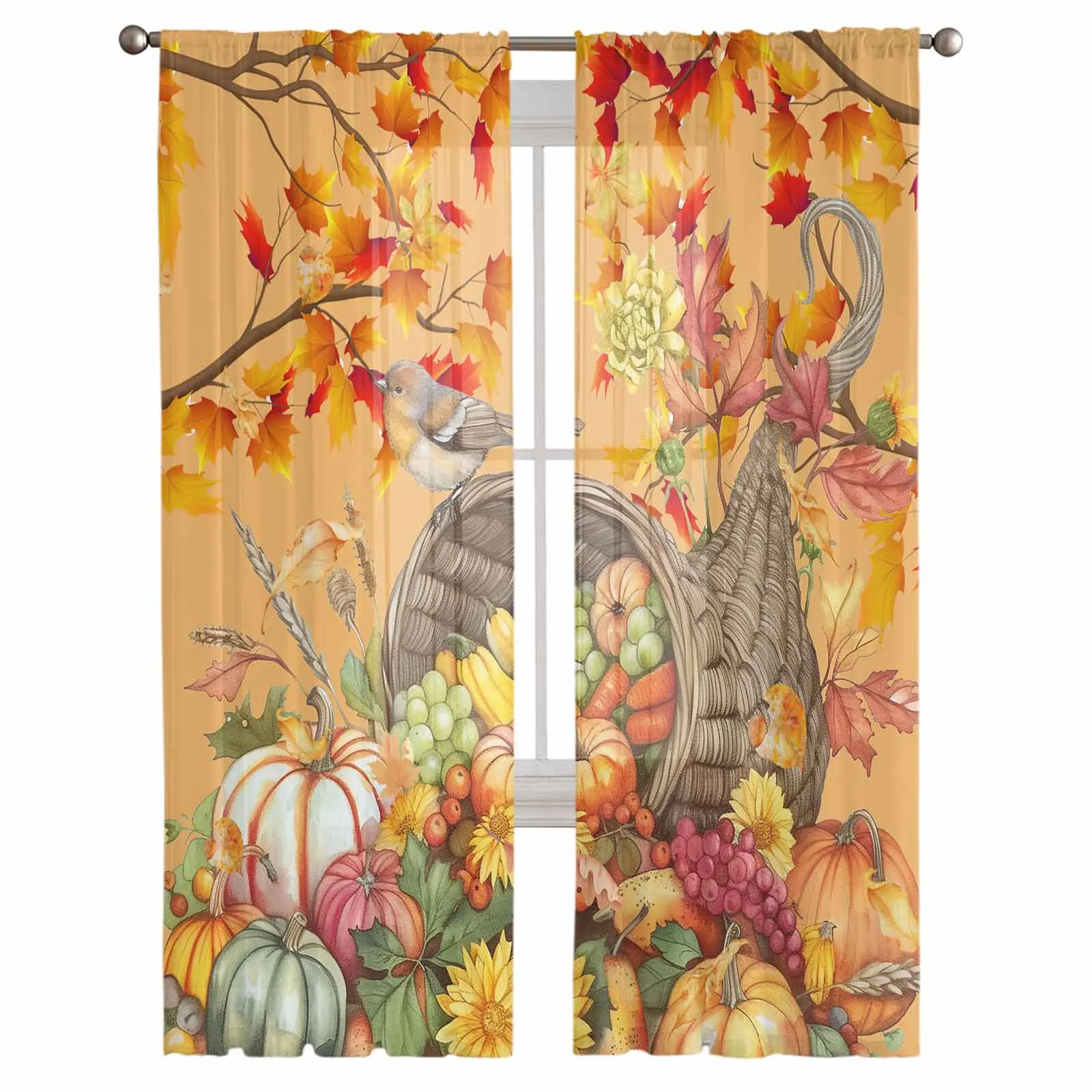 Autumn Pumpkin Maple Leaf Grapes Robin Window Tulle Curtains for Living Room Kitchen Modern Window Treatments Voile Curtains