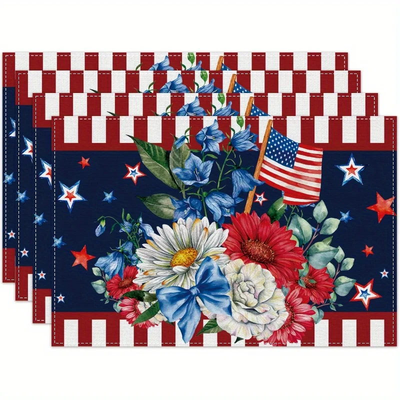 Independence Day Linen Red White And Blue Stars Patriotic Placemats, 4th Of July Memorial Day Patriotic Decoration For Home Ho