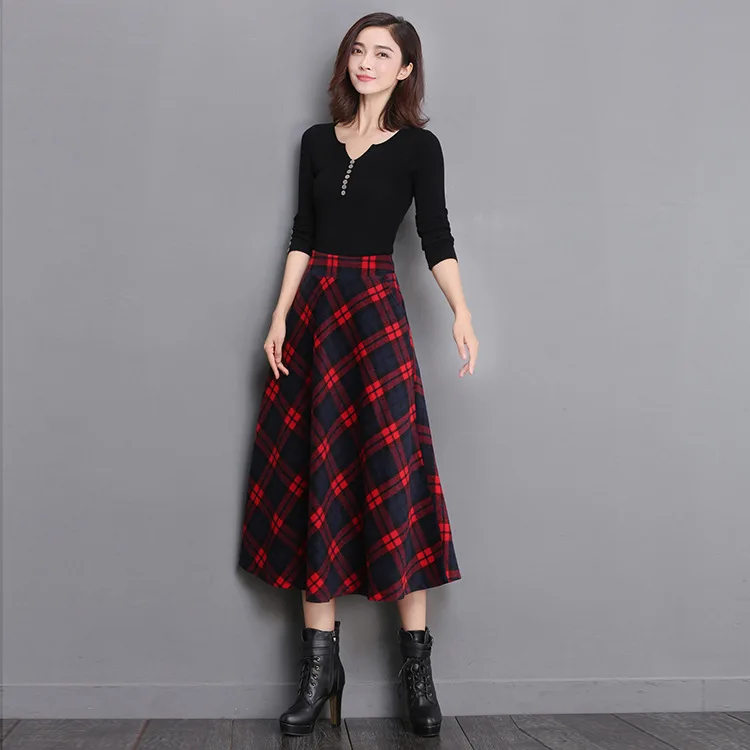 

Осенне-зимняя женская длинная шерстяная юбка А-силуэта в клетку, больших размеров, в пол, в стиле принцессы, для прогулок по городу, фасон «летучая мышь»