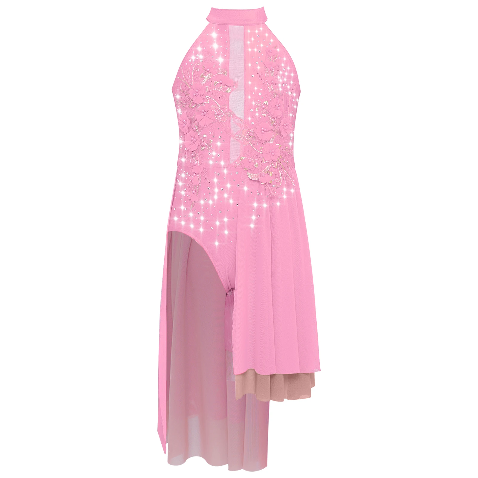 

Girls Figure Skating Lyrical Modern Dress Sleeveless Delicate Applique Leotards Patchwork Split Irregular Mesh Dress Dancewear
