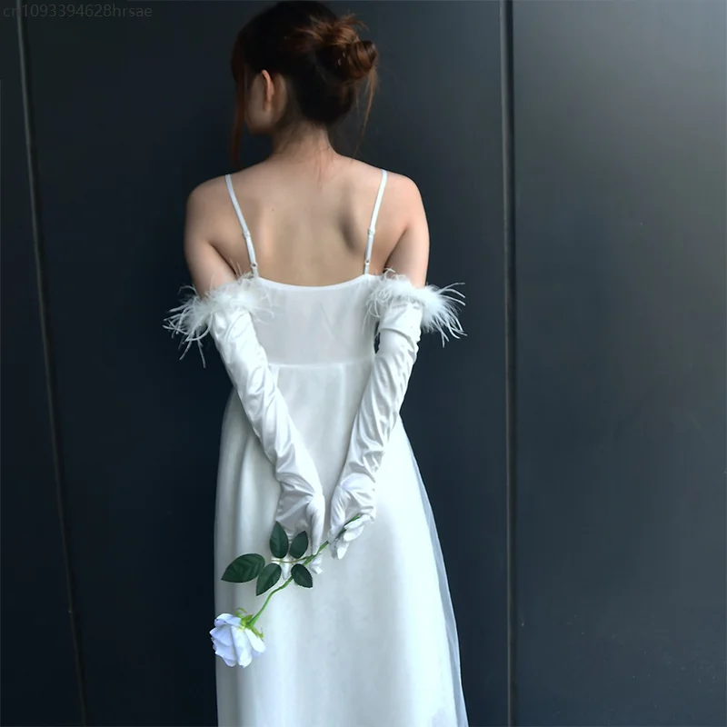 Mulheres elegantes luvas longas ópera palco desempenho casamento pena/peral renda cetim luvas festa princesa vestido acessórios