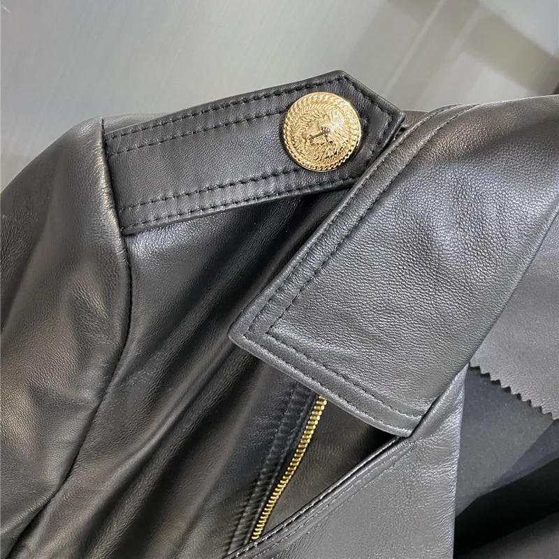 2023 Hot Sale Brand Design Women Autumn Black Genuine Leather Jackets Zipper Basic Coat Double Breasted Sheepskin Motor Biker Ja