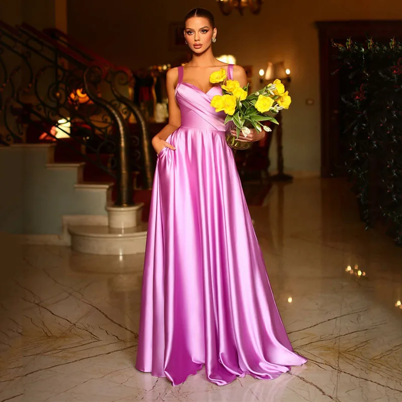 

LORIE Pink Silk Satin Evening Dress Sweetheart Neck Prom Gowns Spaghetti Straps Normal Evening Party Dress 2023