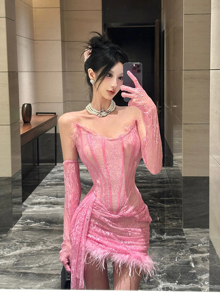 RORIRI เซ็กซี่ Sheer Lace Mini Dress ผู้หญิง Fluffy Spliced จีบ Ruched Slim Boned Corset ชุดเข้ารูปชุดราตรีวินเทจเสื้อผ้า