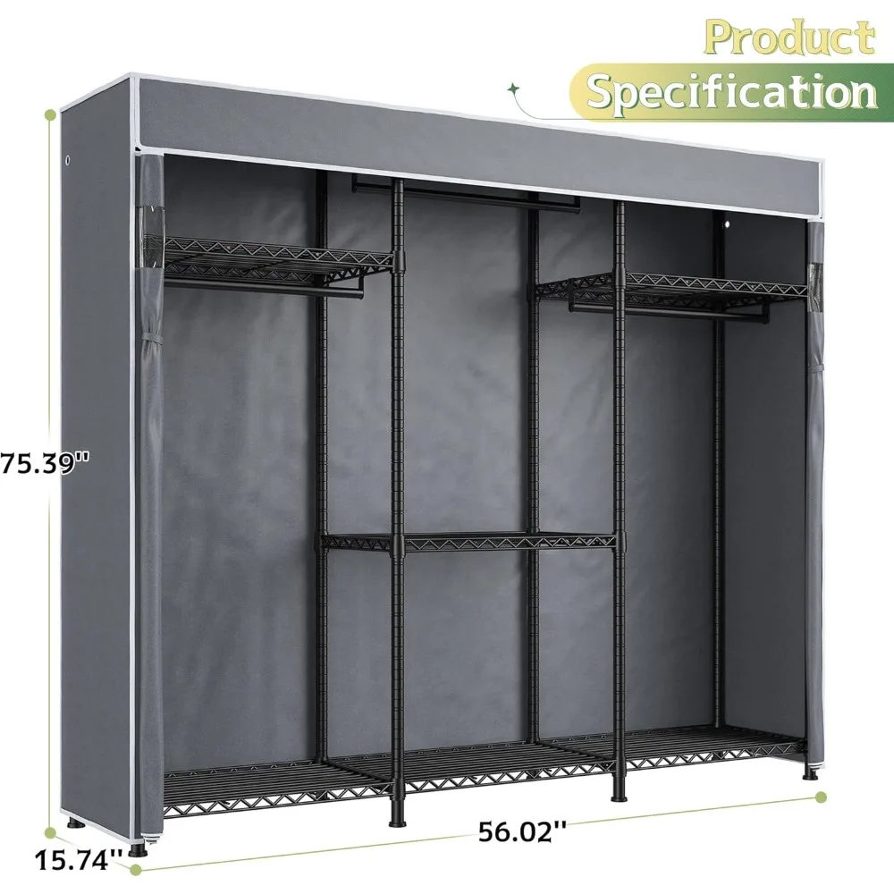 رف ملابس معلق شديد التحمل لغرفة النوم مع غطاء، يدعم 800 رطل، 56 عريض × 16 عميق × 75.5 ارتفاعًا #6