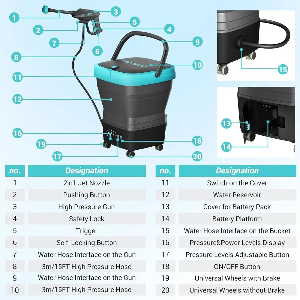 750PSI ポータブル高圧洗浄機 コードレス、4.5ガロンタンク、4段階調整可能圧力 電動高圧洗浄機 2x5.0Ahバッテリー＆クイック付き