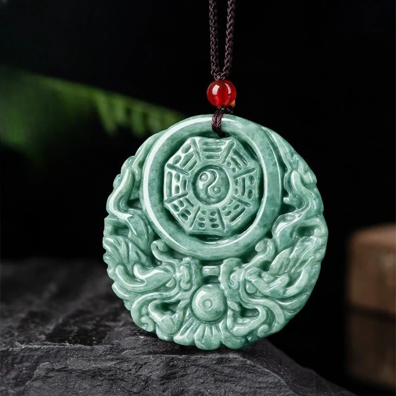 

Natural A Cargo Jade Bean Green Shuanglong Gossip Antique Brand Pendant for Men and Women Joker Jade Pendant