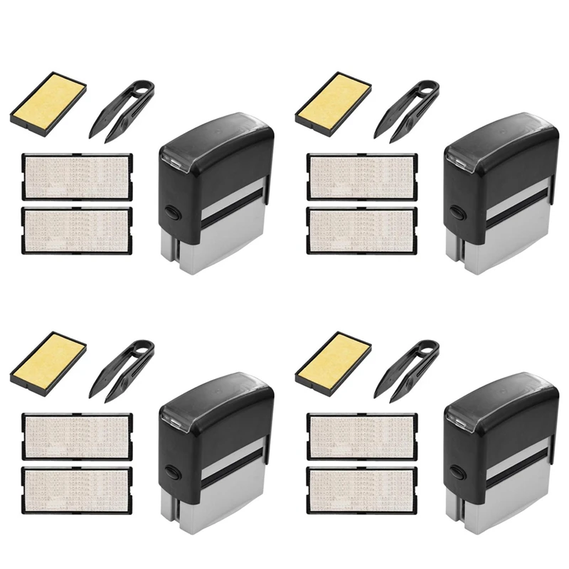 4X Self Inking Stamp Set Custom Personalised DIY Business Name Number Address Printing Rubber Stamp With Tweezers Kit