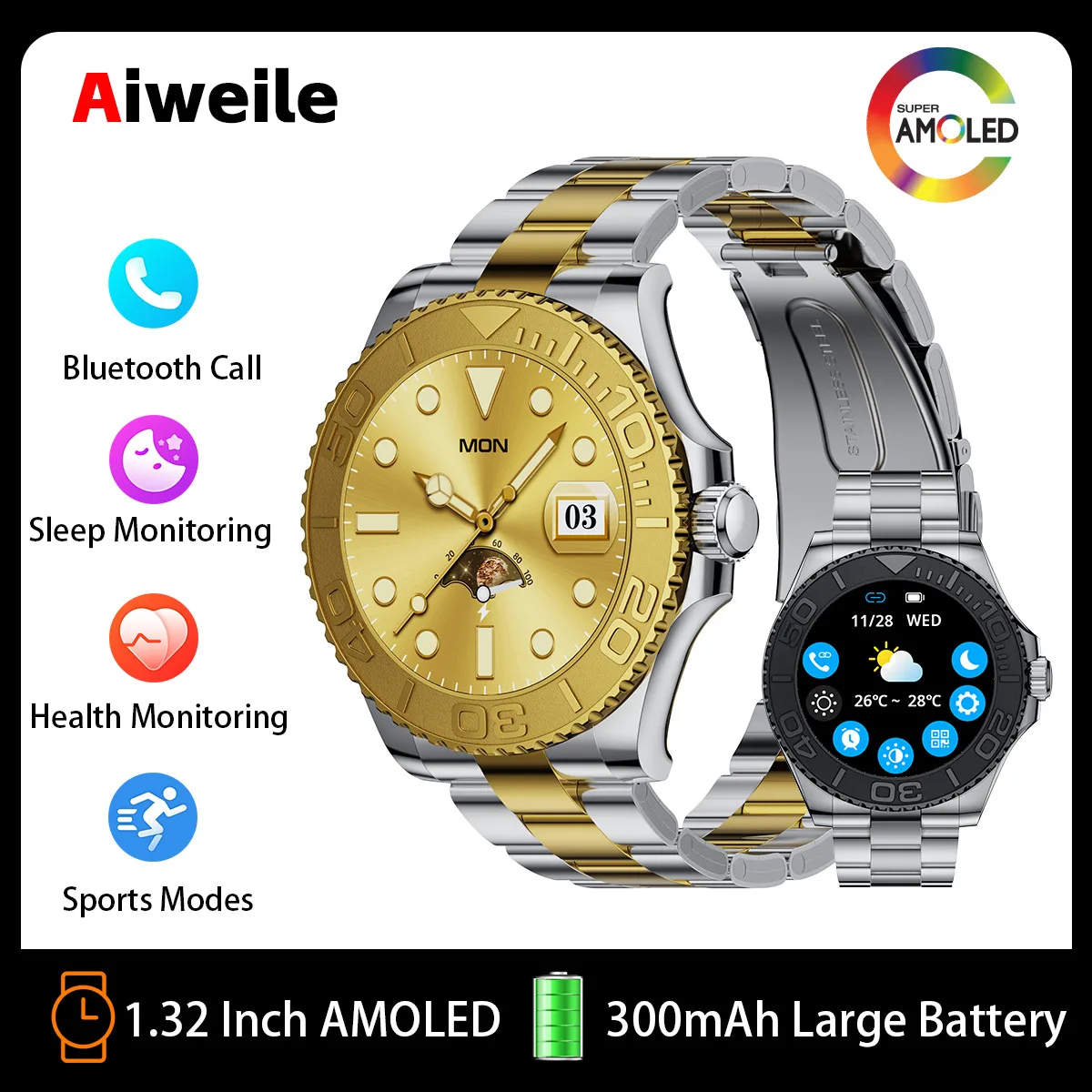 

Smartwatch Smart Watch Men Aiweile AW46 Yacht Range Clock with Calls Hebrew Sport Modes Fitness for Android IOS HD AMOLED Screen