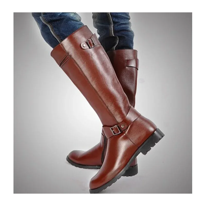 

Men's Genuine Leather Motorcycle Boots New Long Snow Boots Slip On Cowboy Goth Punk Combat Boots