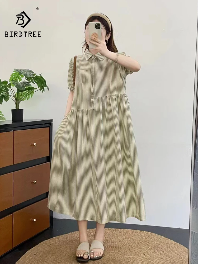 

New 2026 Summer Women Cotton Short Sleeve Dresses, Lapel Striped Patchwork, Mori Girl Fashion Casual Loose A-line Dress D65230CC
