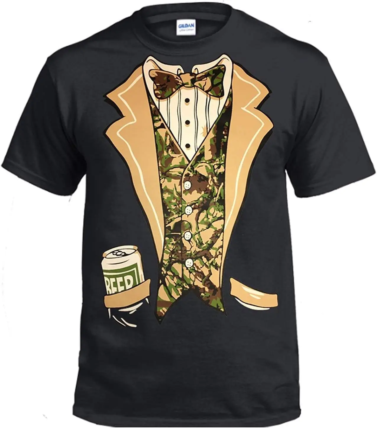 fresh tees Unisex Camo Tuxedo Shirt with Bowtie and Beer Can | Funny T-Shirt for Men/Women