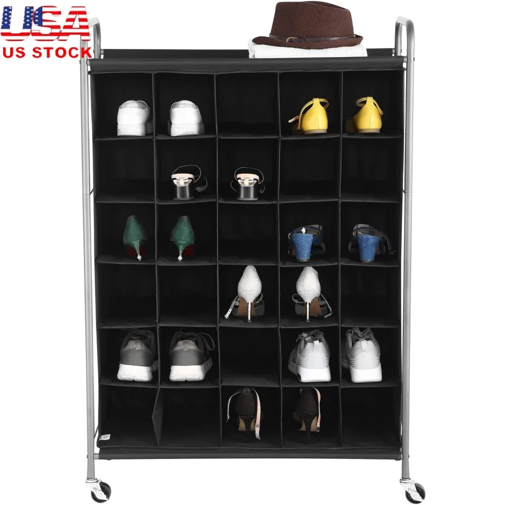 

30 Pairs Shoe Organizer Rolling Rack 6 Tiers Durable Metal Frame Black Storage Solution Entryway Bedroom Indoor Use
