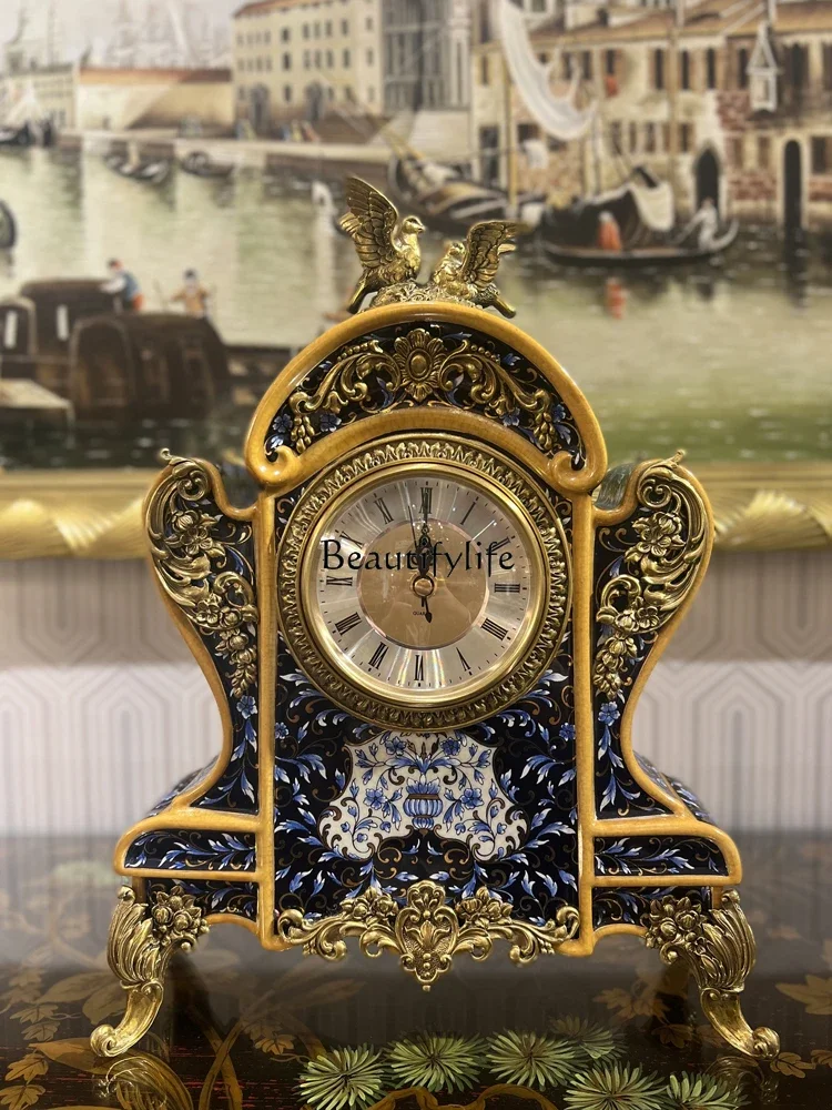 

French high-end ceramic villa living room study decoration waist-shaped flat body dark clock