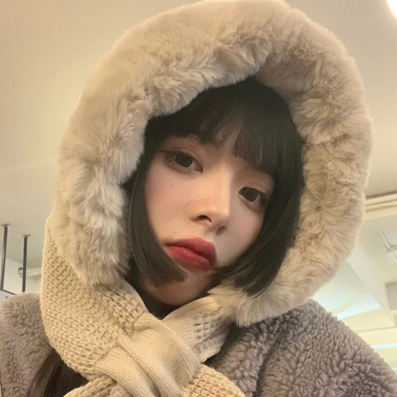 Bib A Body Wool Hat Female Autumn and Winter Add Wool Thickening Warm Fashion Scarf All The Cold Protective Ear Cap Lei Feng Hat