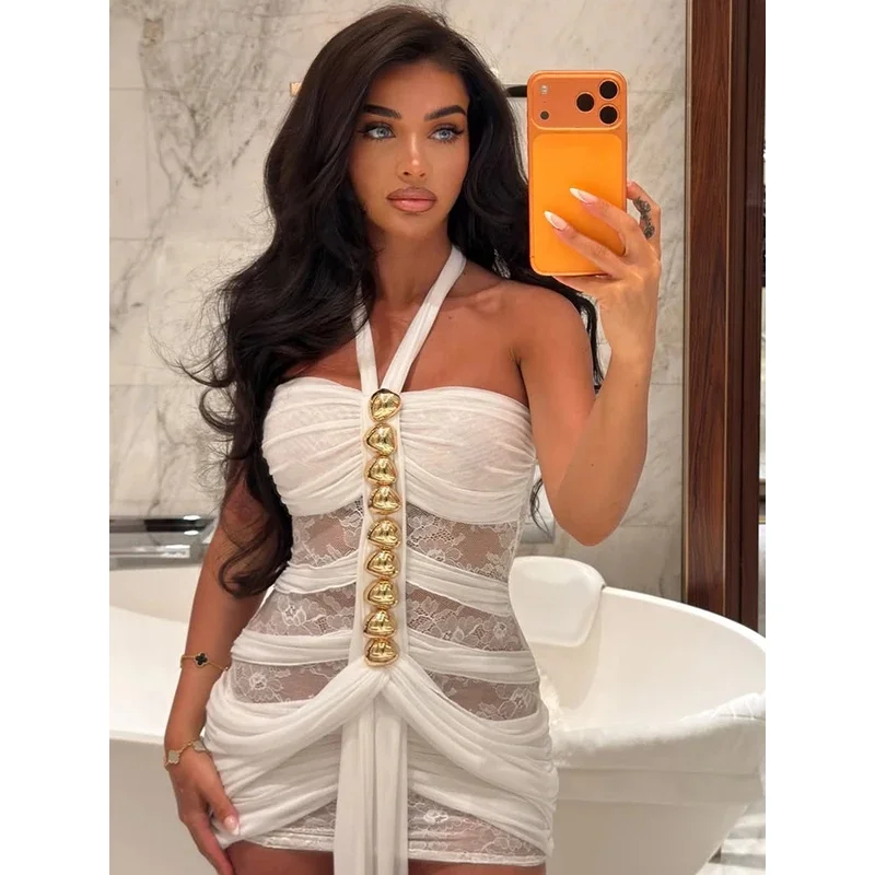 BKQU Metal Sexy Lace Patchwork Halter Mini Dress Woman Off Shoulder Tie Up Backless Ruched Ribbon Wrap Short Dress Party Gown