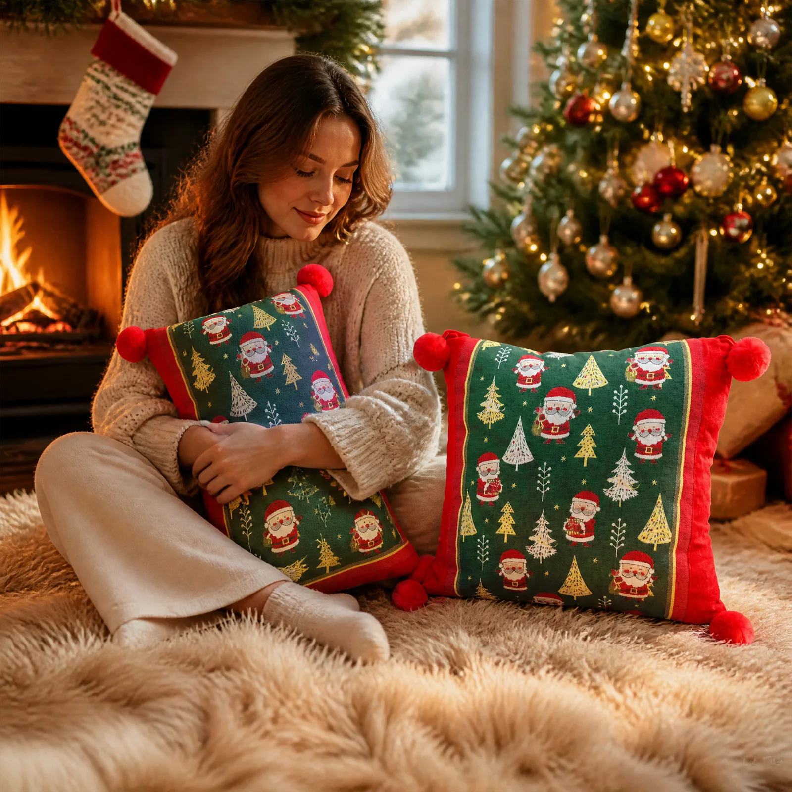 Weihnachtsroter Jacquard-Kissenbezug mit Cartoon-Elch- und Schneeflocken-Motiv, Plüsch-Sofadekoration, Kissenbezüge 45x45cm – Detail 3