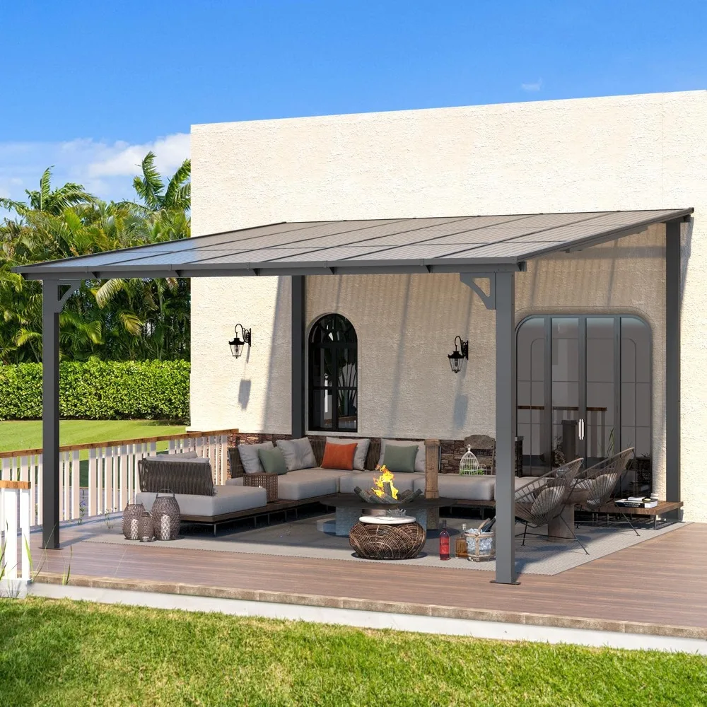 

12' X 12' Gazebo Outdoor Terrace Sunshade, Large Wall-mounted Hard-roof Sloping Metal Gazebo with Terrace Roof