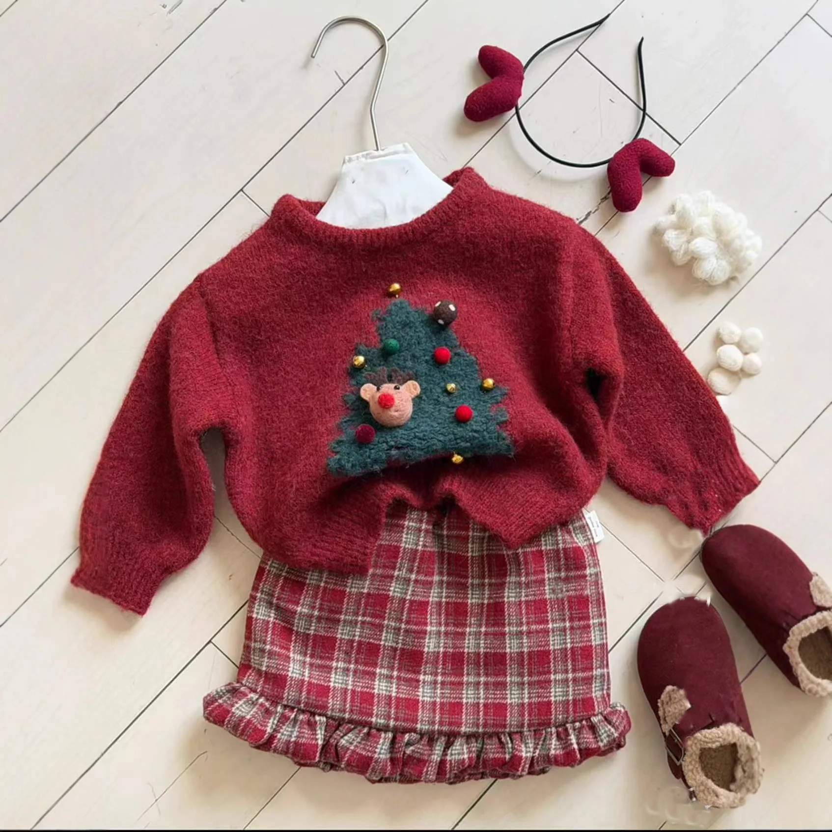 Girls Sweater 2025 Winter Children Hoodie Thickened Christmas and New Year Red Sweater Baby Checkered Half Skirt