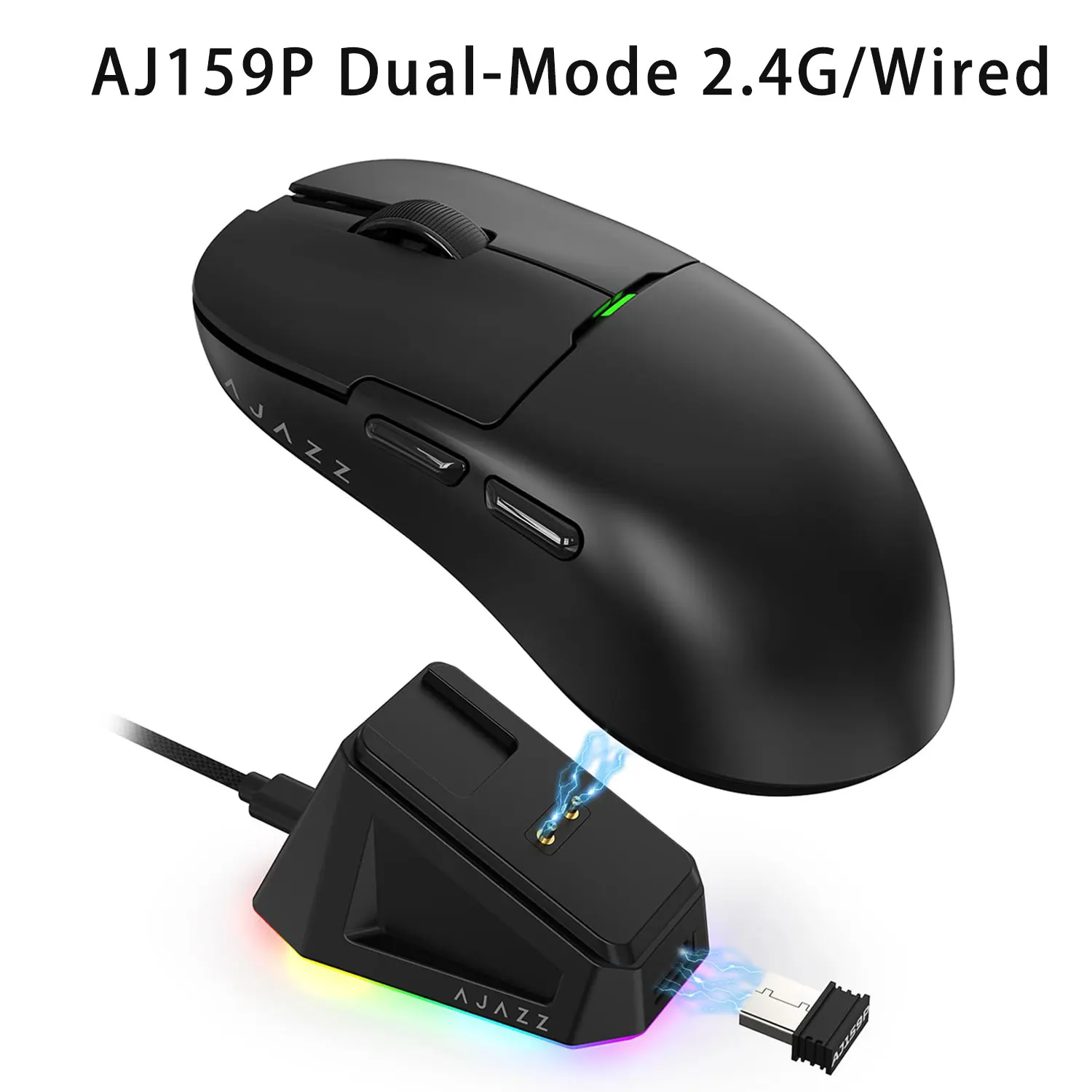 Imagem -01 - Ajazz-mouse para Jogos Leve com Doca de Carregamento Magnético Modo Duplo Mouse para Escritório Sensor Paw3395 até 26kdpi 2.4g Usb-c 56g Aj159p ajazz mouse para jogos leve com doca de carregamento magnetico modo duplo mouse para escritorio sensor paw3395 ate 26kdpi 24g usb c 56g aj159p 01