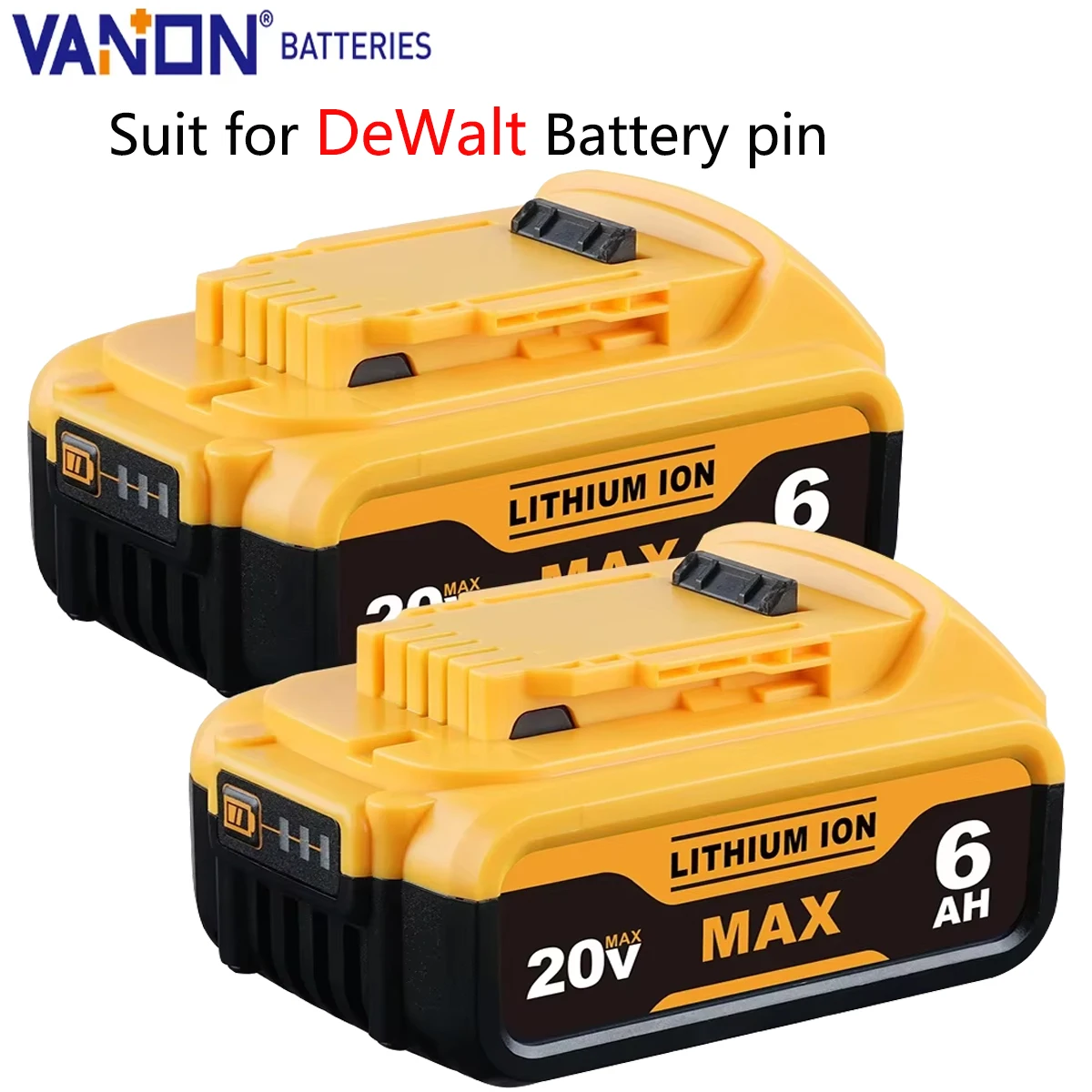 

2Pack Vanon 20V 6.0Ah Lithium Battery Replace for DeWalt DCB205 DCB200 DCB180 DCB204 DCB206 DCB208 20V Cordless tool Battery pin