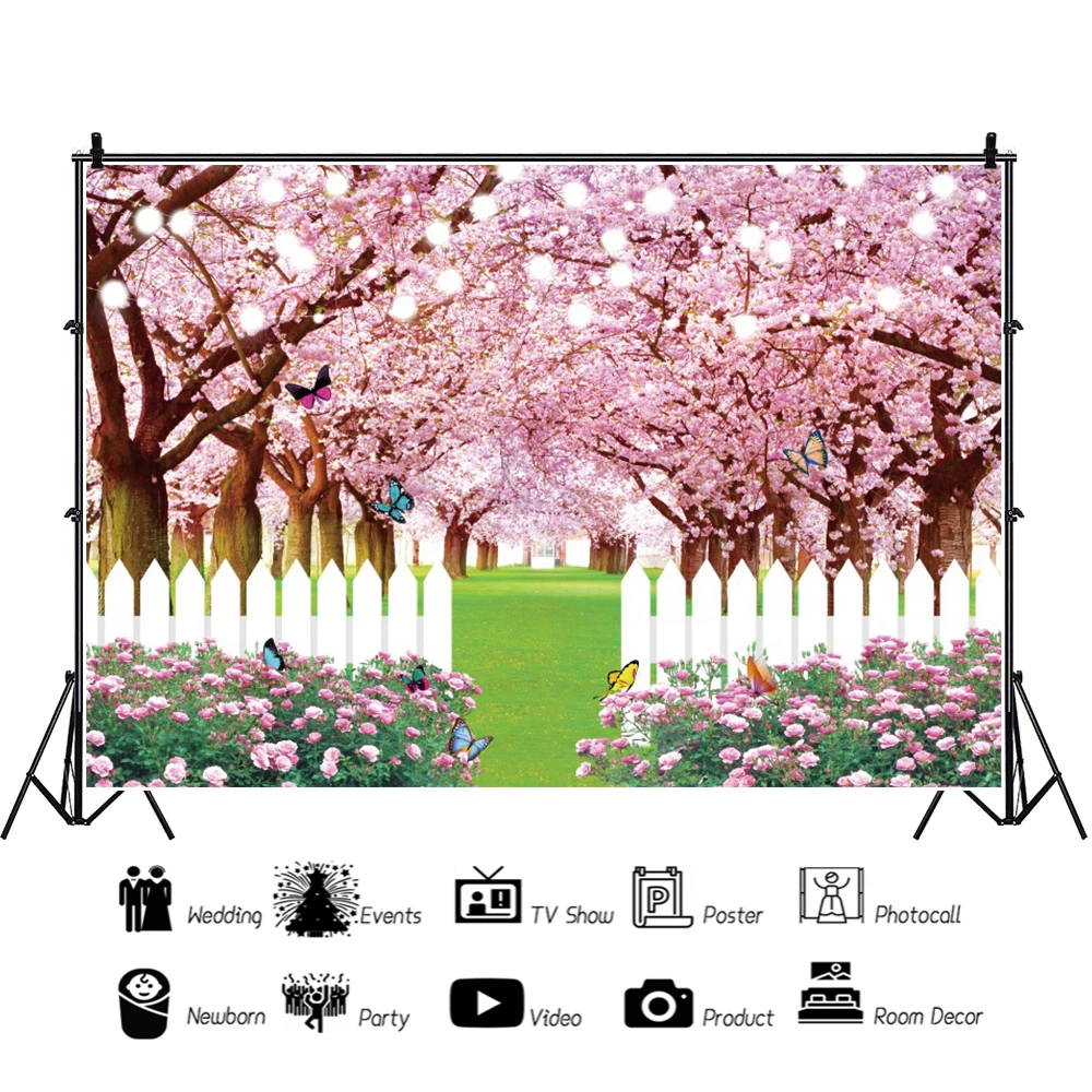 ฤดูใบไม้ผลิ Cherry Blossom Trail การถ่ายภาพฉากหลังภูมิทัศน์ธรรมชาติป่าดอกไม้หญ้า Garden Park ภาพ Photocall พื้นหลัง