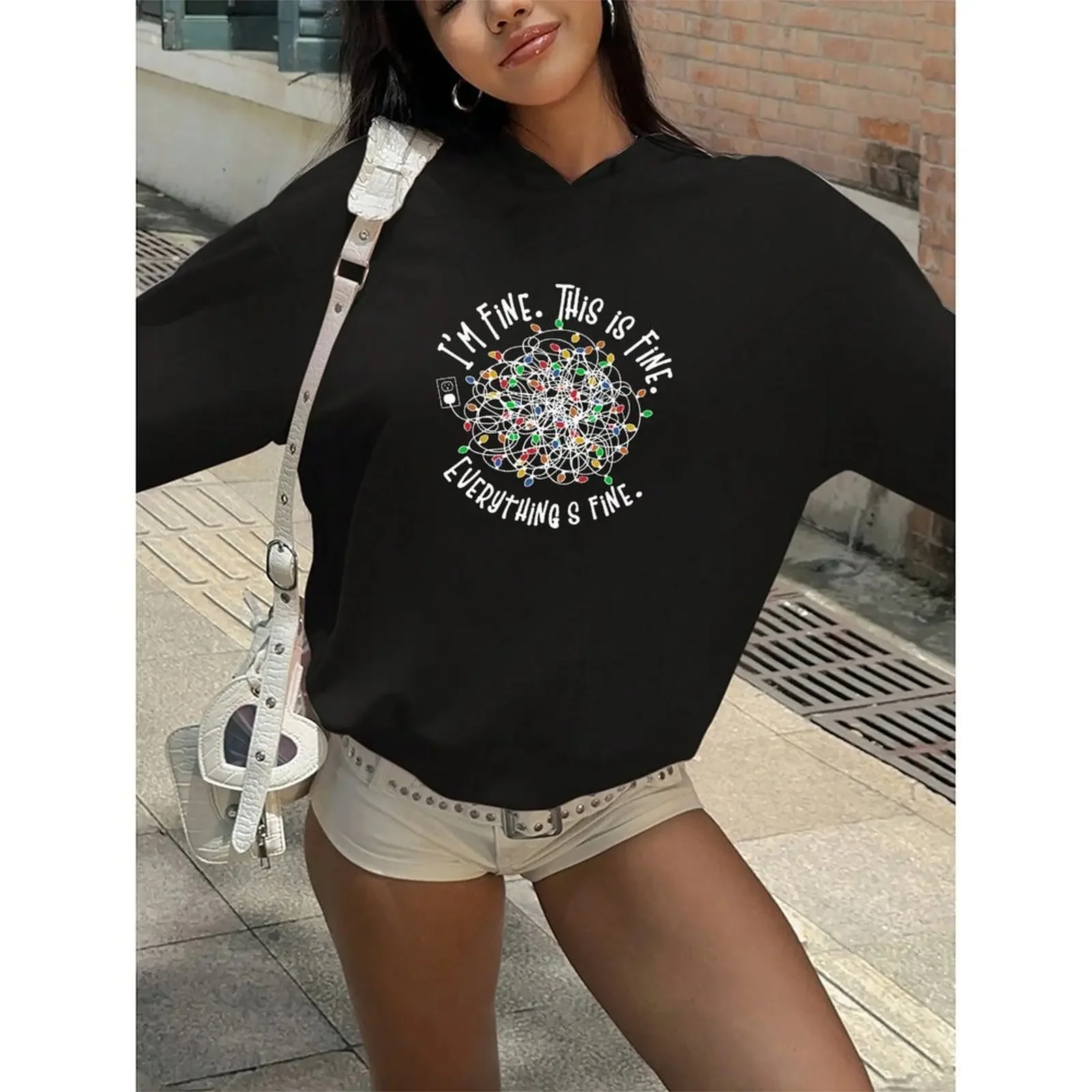 

Women Sweatshirt Loose Pullover Hoodies Winter Casual Printed Pattern Comfortable Fabric Christmas Light Long Sleeve Sweater