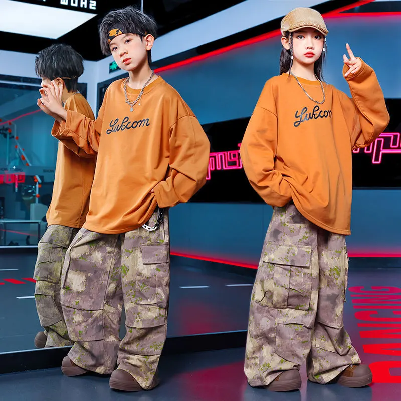 

Kids Hip Hop Hip Hop Cool Jazz Dance Performance Costume Girl Biker Suit Boy Orange Long Sleeve Camouflage Trouser Suit
